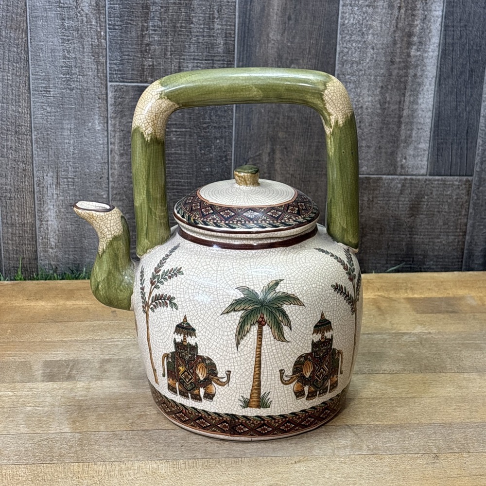 Decorative Ceramic Teapot Elephant Palm Tree Crackle Glaze China